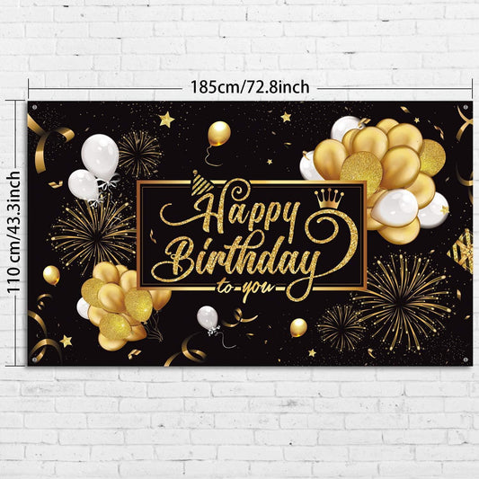 Happy Birthday Backdrop Banner Black and Gold Sign Poster Large Fabric Glitter Balloon Fireworks Sign - Hibrides