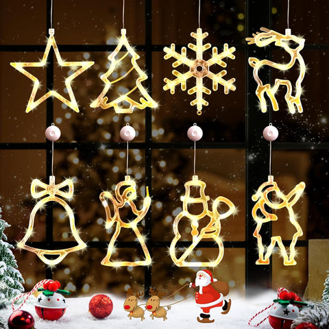 8pcs Christmas Window Decoration Lights, LED Battery Operated Silhouette Lights with Suction for Xmas - Hibrides