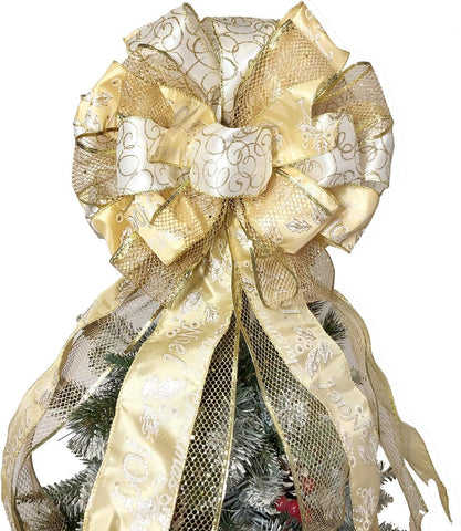 Gold Christmas Tree Topper,27x12 Inches Large Toppers Bow with Streamer Wired Edge for Christmas Decoration - Hibrides