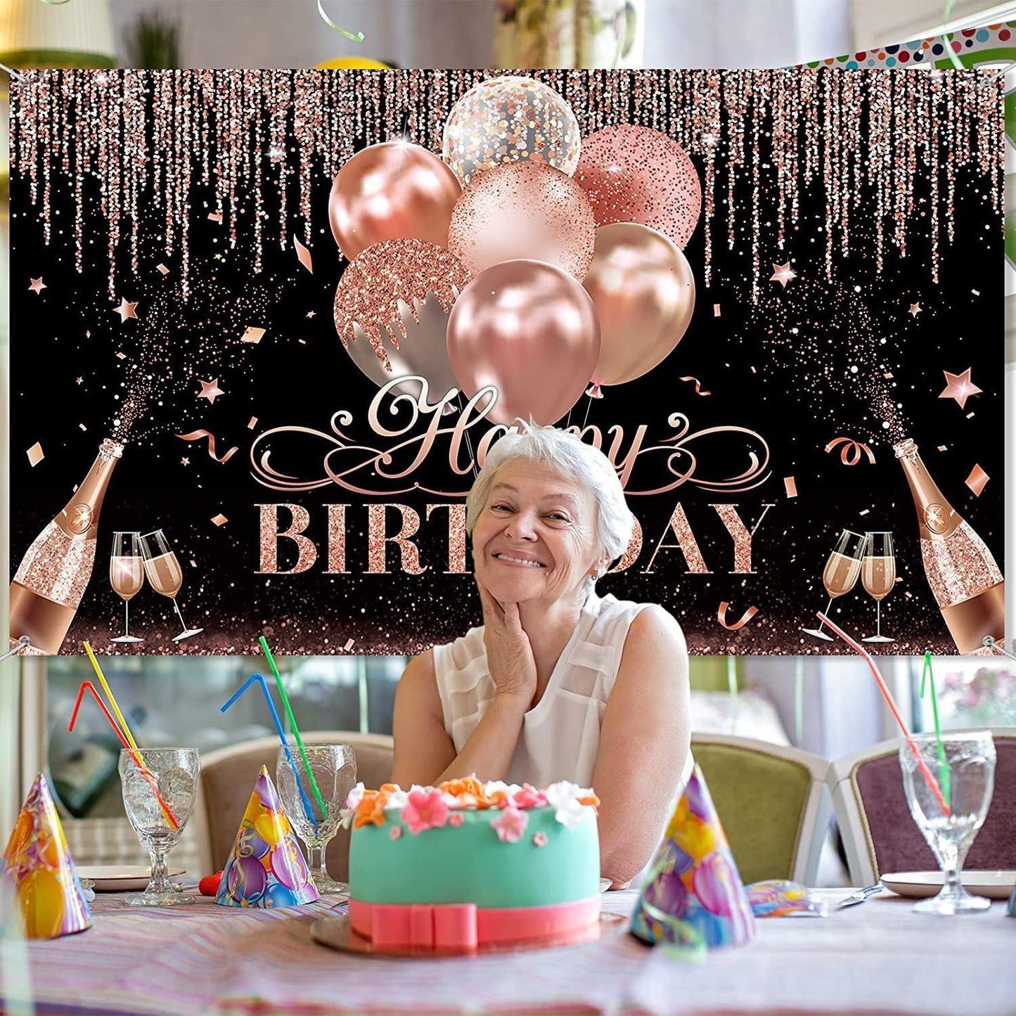 Black Silver Rose Gold Happy Birthday Party Decorations Glitter Balloon Birthday Party Backdrop for Women - Hibrides