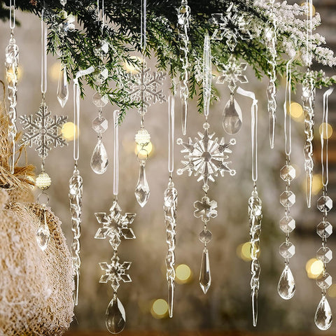 18pcs Christmas Tree Decoration Crystal Ornaments - Hanging Acrylic Christmas Snowflake Icicle Drop Crystal Ornaments for Christmas Tree - Hibrides