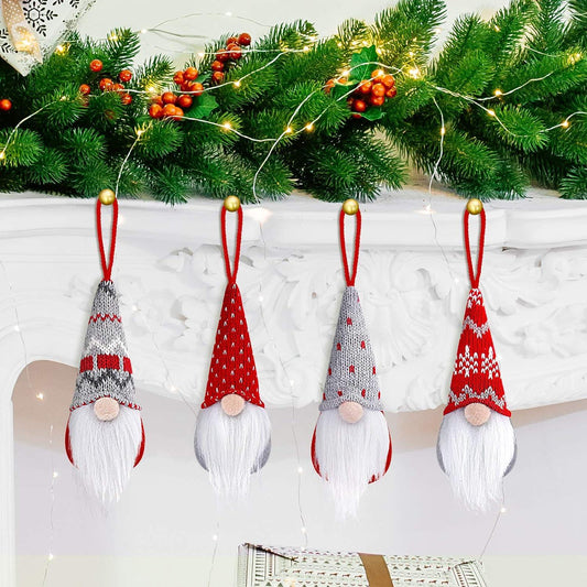 Set of 4 Gnome Christmas Ornaments, Handmade Swedish Gnomes Plush Scandinavian Santa Elf Table Ornaments Christmas Tree - Hibrides