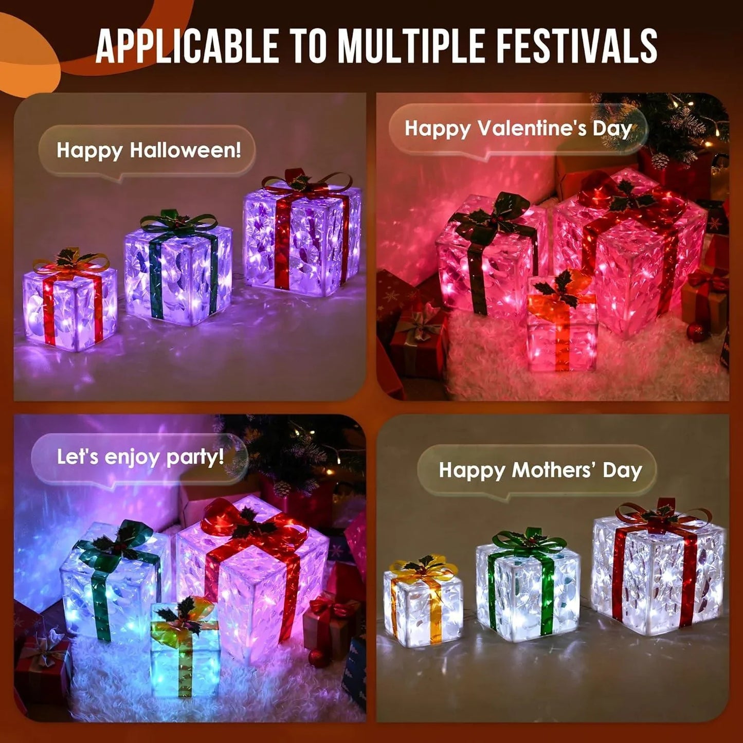 Set of 3 Large Christmas Lighted Gift Boxes Outdoor 10" with Remote Control, Smart Luxury Present Boxes for Christmas Decorations Indoors Outdoors - Hibrides