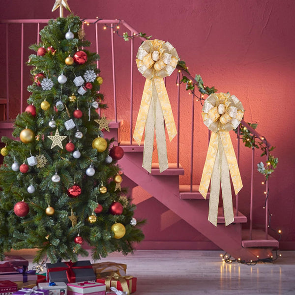 Gold Christmas Tree Topper,27x12 Inches Large Toppers Bow with Streamer Wired Edge for Christmas Decoration - Hibrides