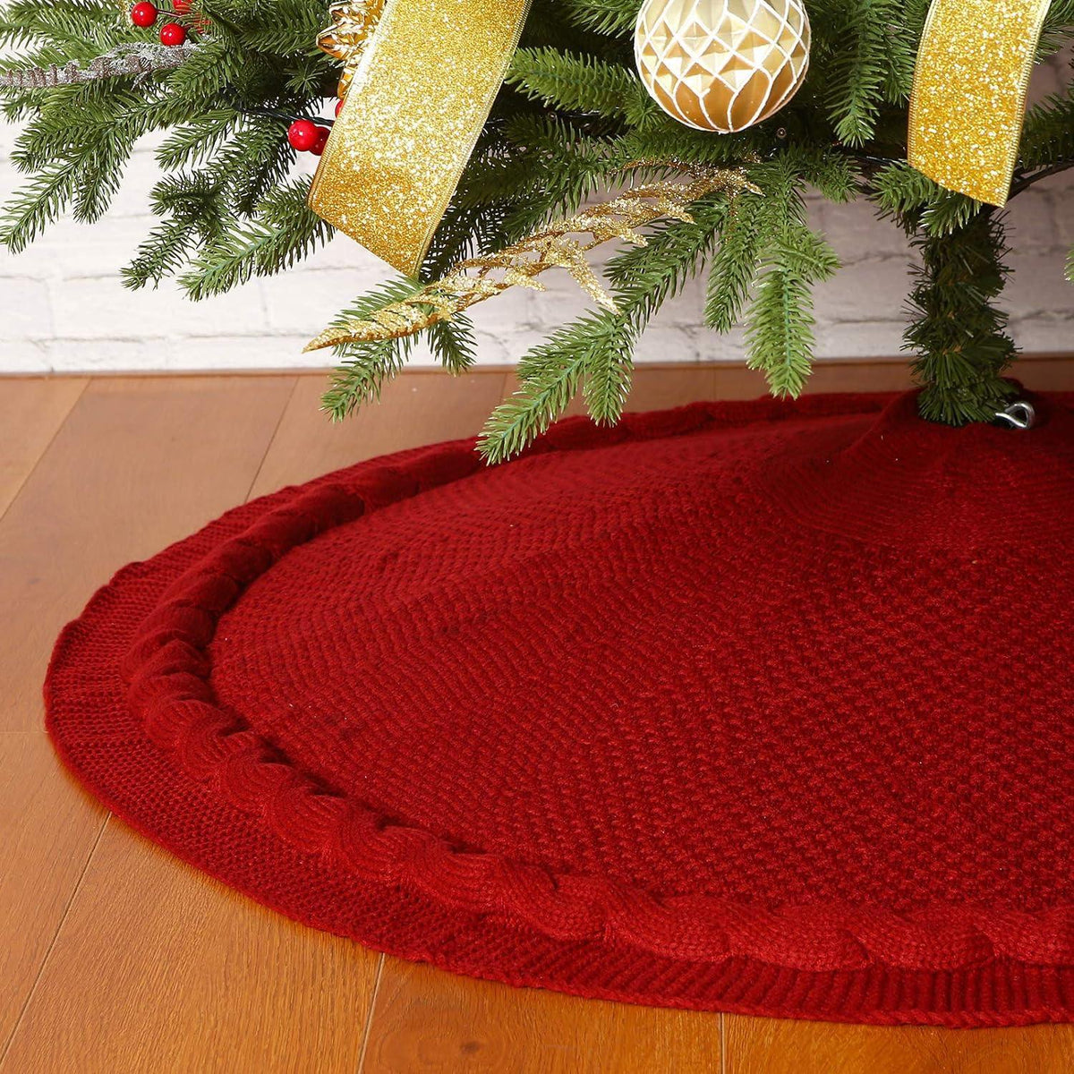 Burgundy Christmas Tree Skirt, 48 inches Luxury Cable Knit Knitted Thick Rustic Xmas Holiday Decoration - Hibrides
