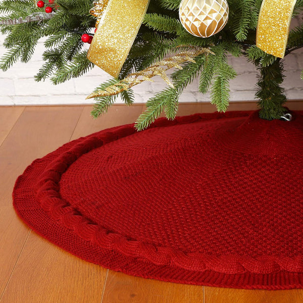 Burgundy Christmas Tree Skirt, 48 inches Luxury Cable Knit Knitted Thick Rustic Xmas Holiday Decoration - Hibrides