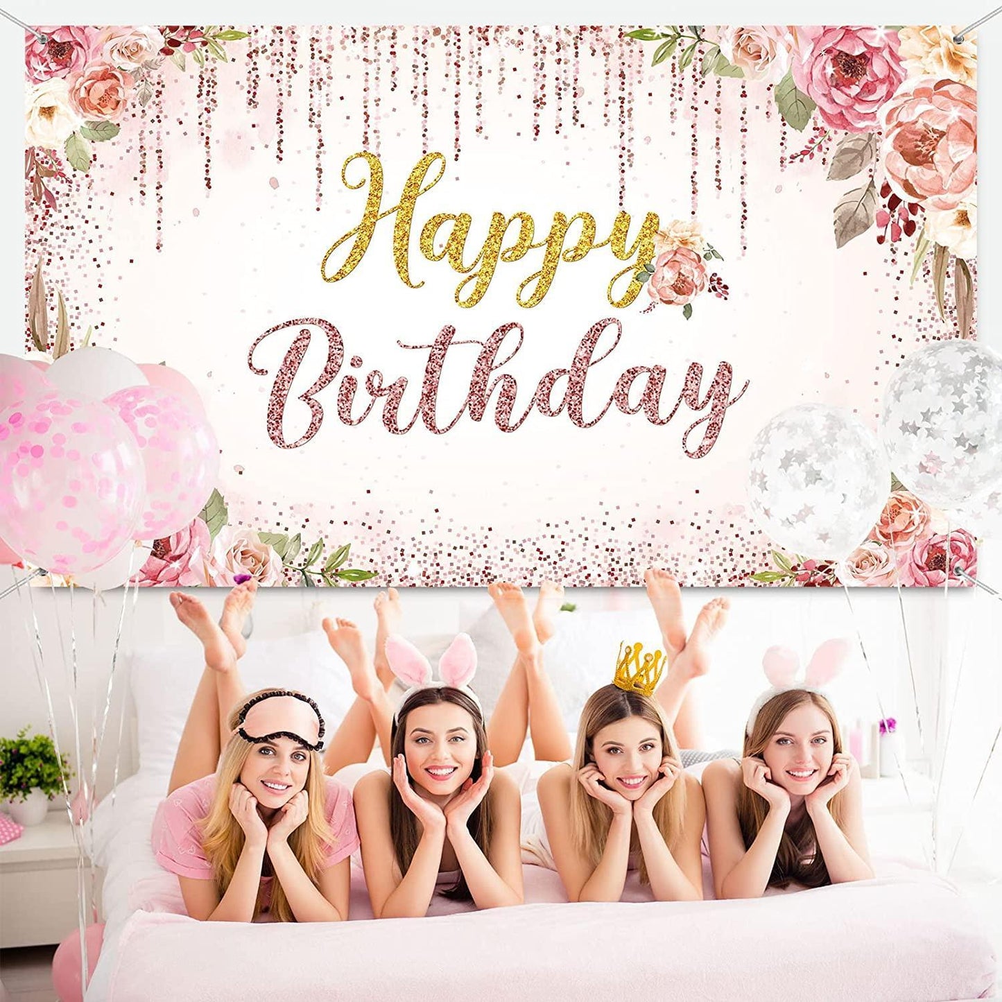 Rose Gold Happy Birthday Backdrop Decorations for Women Pink and Gold Background - Hibrides