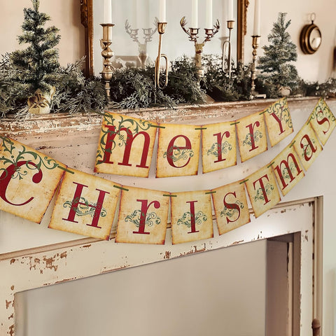 Vintage Merry Christmas Banner - Retro Nostalgic Traditional Old Fashioned Victorian Xmas Holiday Decor for Farmhouse - Hibrides