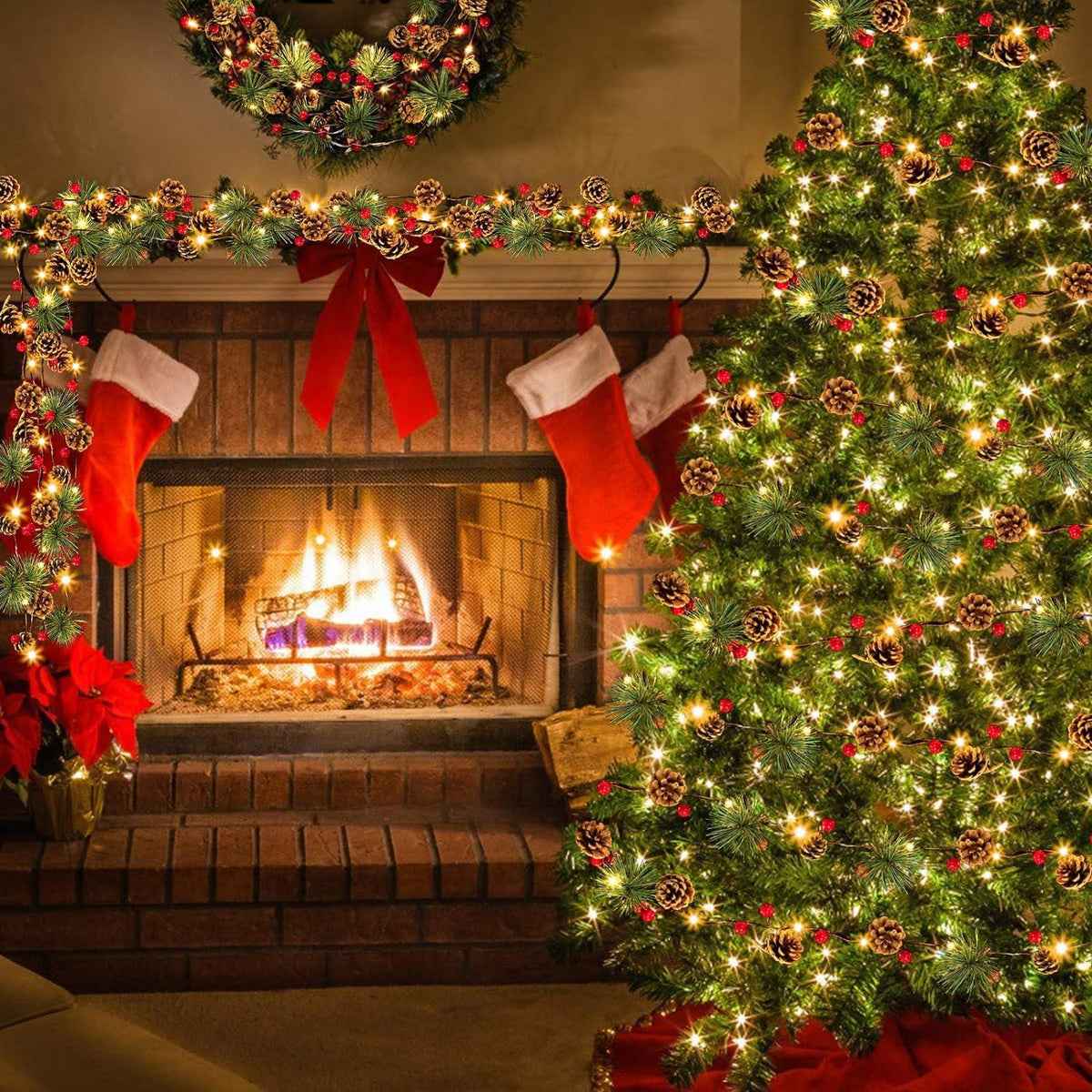 10ft 35 LED Christmas Garland with Lights, Christmas Pinecone Lights Red Berry Pine Needles Bell Battery Operated Xmas Lights - Hibrides