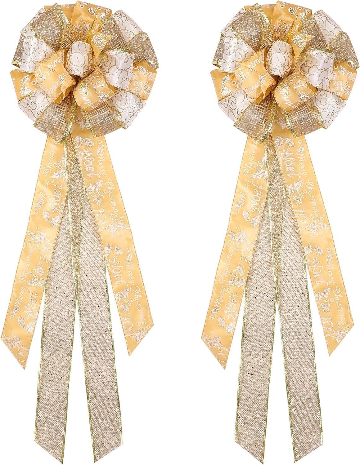 Gold Christmas Tree Topper,27x12 Inches Large Toppers Bow with Streamer Wired Edge for Christmas Decoration - Hibrides