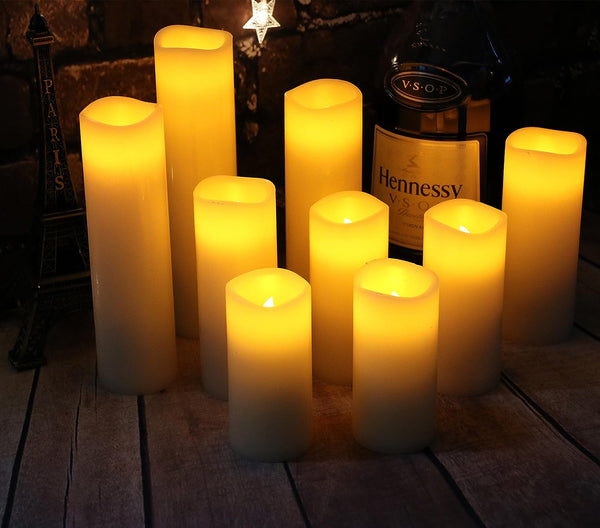 Set of 9 Flameless Candles Battery Operated Candles 4" 5" 6" 7" 8" 9" Ivory Real Wax Pillar LED Candles with 10-Key Remote - Hibrides