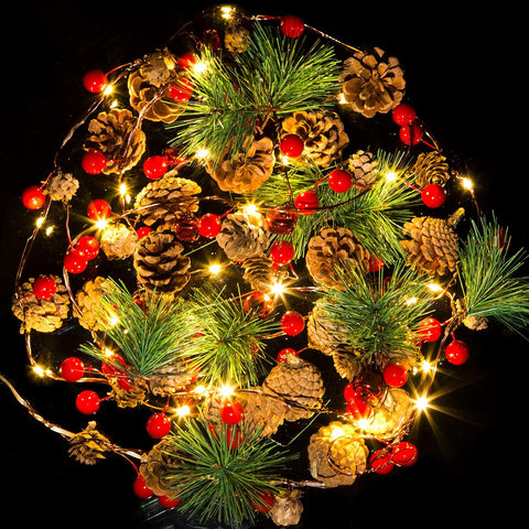 10ft 35 LED Christmas Garland with Lights, Christmas Pinecone Lights Red Berry Pine Needles Bell Battery Operated Xmas Lights - Hibrides