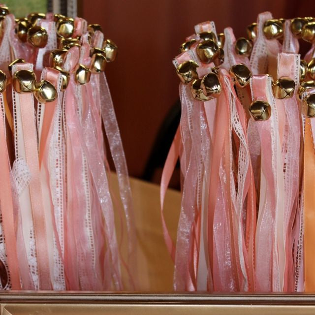 Handmade Romantic Blush Pink Lace Wedding Ribbon Wands with Gold Bells