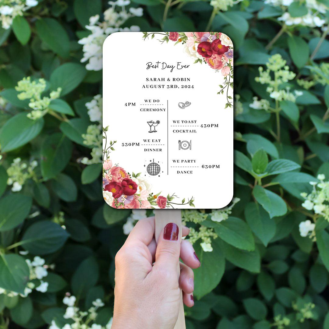 Burgundy and Pink Floral Wedding Program Fans with Timeline - Hibrides