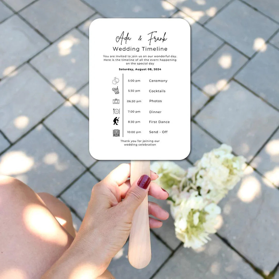 Classic Black and White Wedding Program Fans with Detailed Timeline - Hibrides