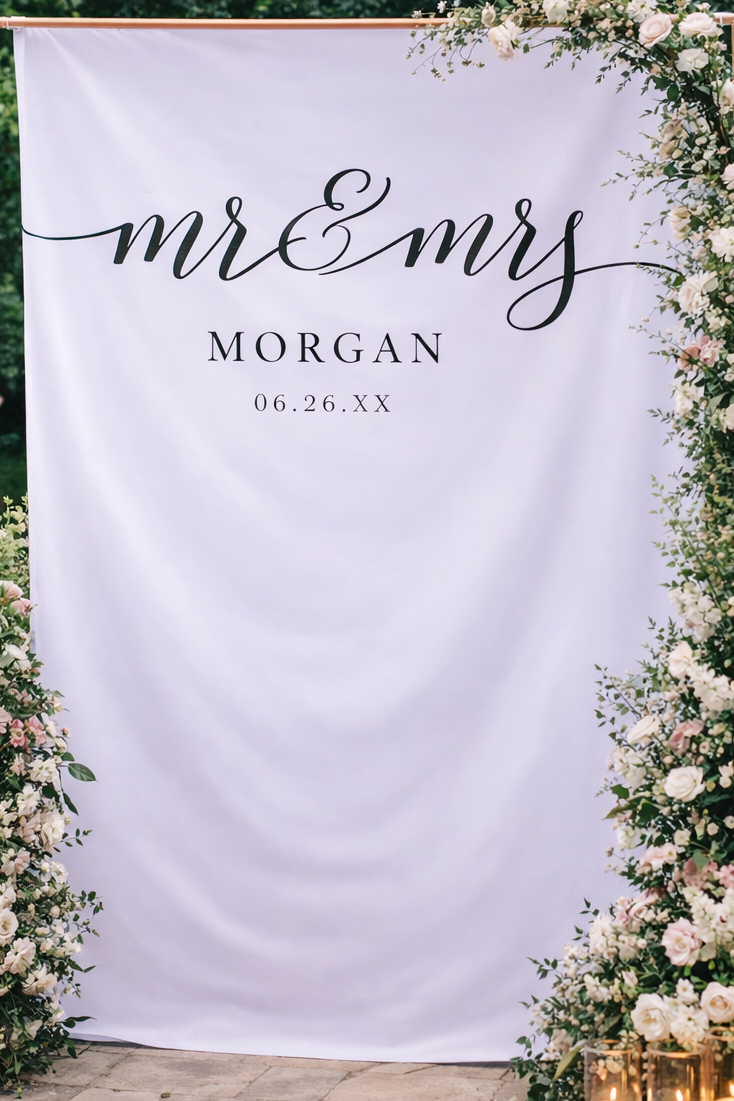 Wedding backdrop with 'mr & mrs' and 'Morgan' text, surrounded by floral decorations and candles.