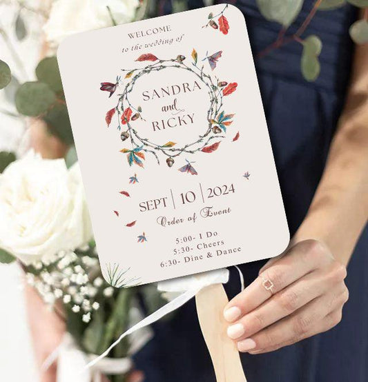 Elegant Boho Wedding Program Fans with Floral Wreath - Hibrides