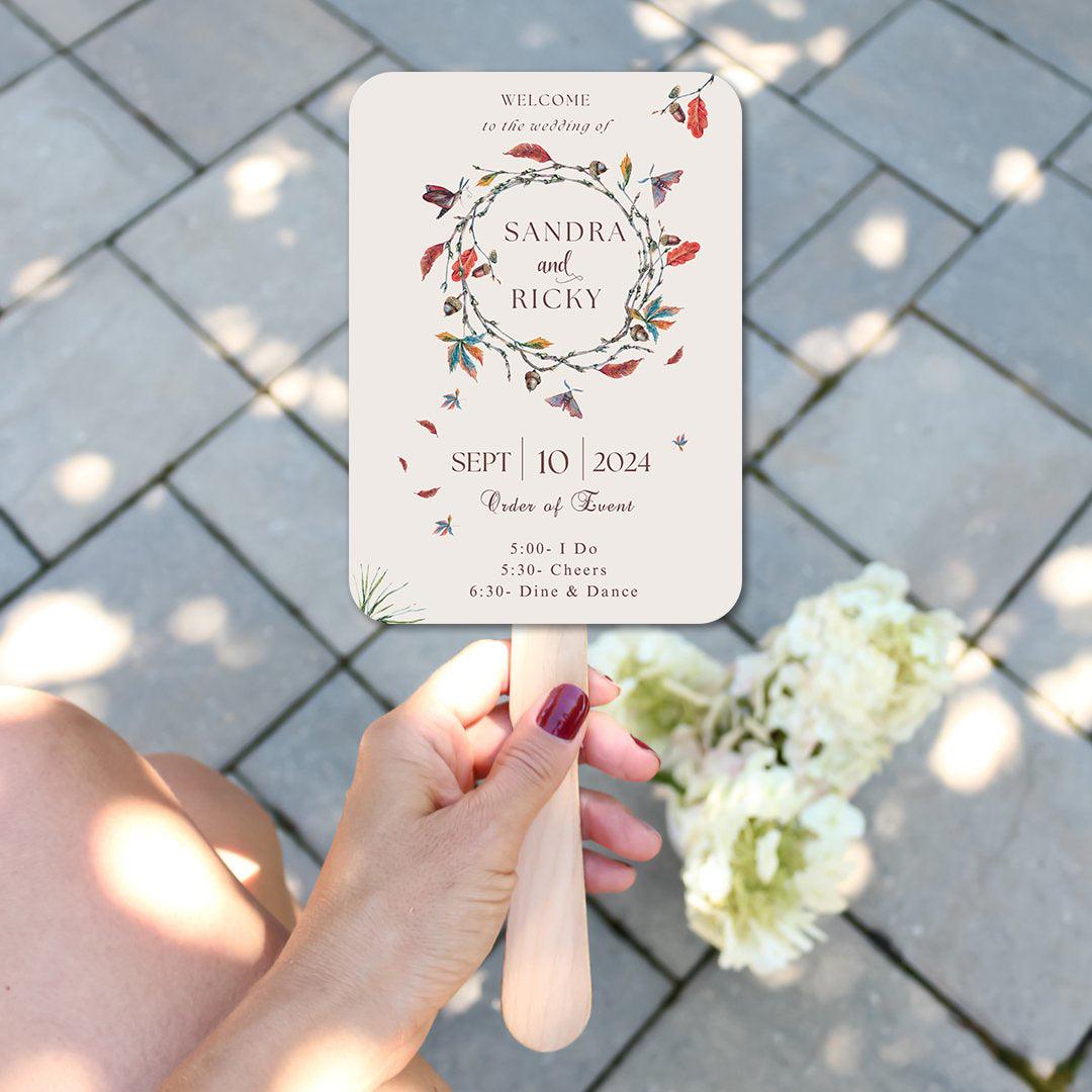 Elegant Boho Wedding Program Fans with Floral Wreath - Hibrides