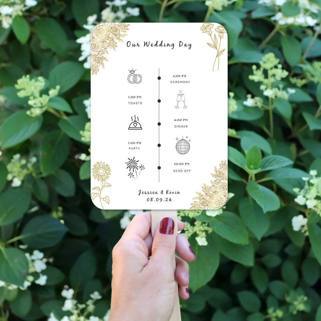 Exquisite White and Gold Wedding Program Fans with Flowers - Hibrides
