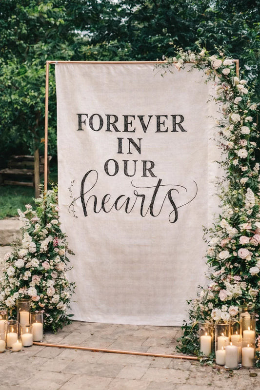 Decorative setup with 'Forever in Our Hearts' sign, flowers, and candles.