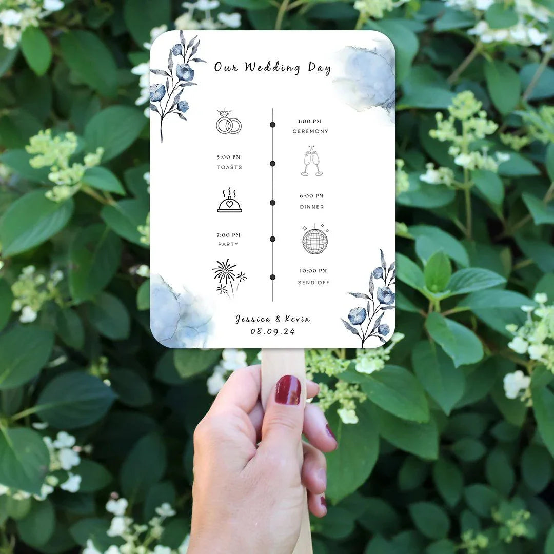 Fun Blue Wedding Program Fans with Timeline - Hibrides