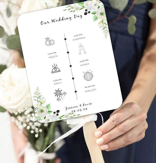 Green White Floral Wedding Program Fans for Summer Weddings - Hibrides