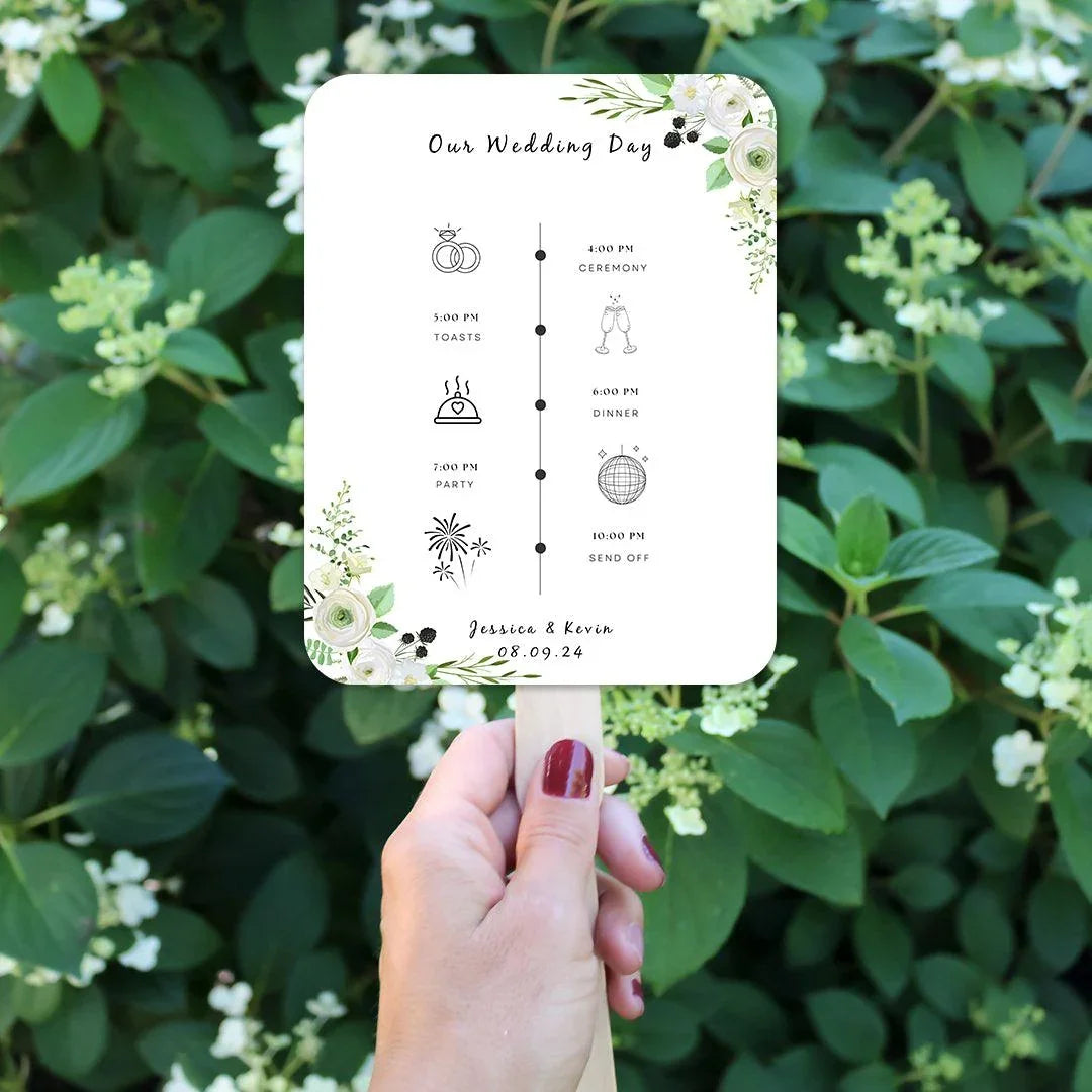 Green White Floral Wedding Program Fans for Summer Weddings - Hibrides