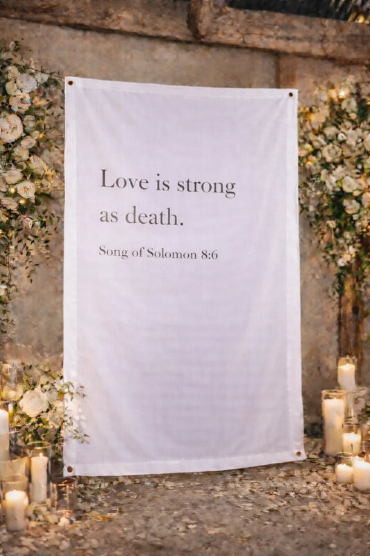 Personalized Wedding Backdrop for Wedding Photography, 'Love is strong as death.' Backdrop