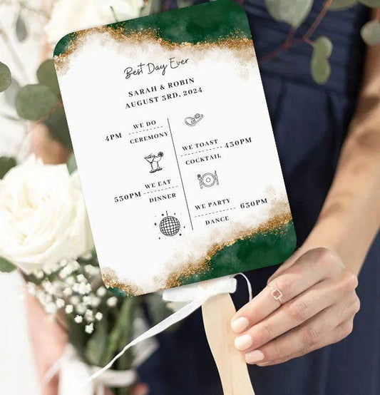 Modern Green and Gold Wedding Program fans with Timeline - Hibrides