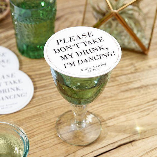 Please Don't Take My Drink, I'm Dancing Paper Beverage Coasters, 4-inch Round, White and Black Letterpress Cocktail Coasters, 100-Pack