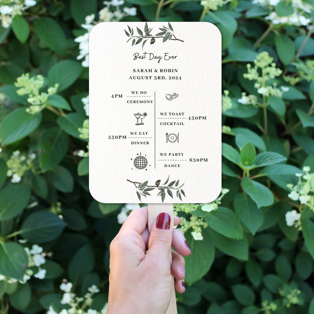 Simple Black and White Wedding Program Fans with Greenery - Hibrides
