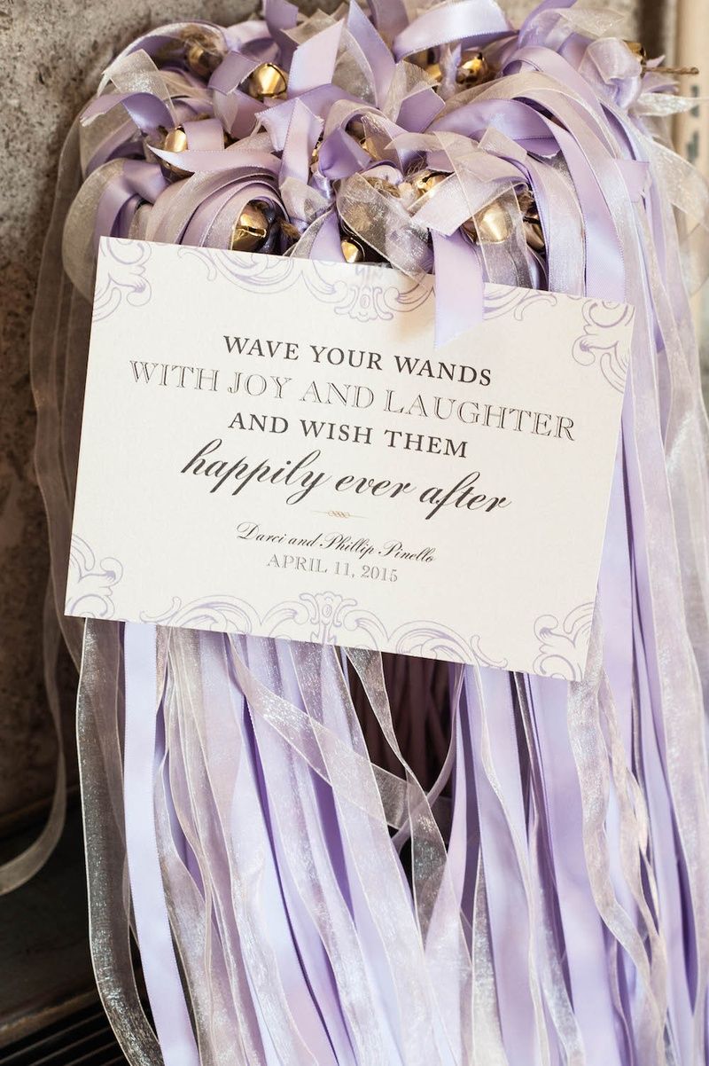 Handmade Romantic Lavender Wedding Ribbon Wands with Gold Bells