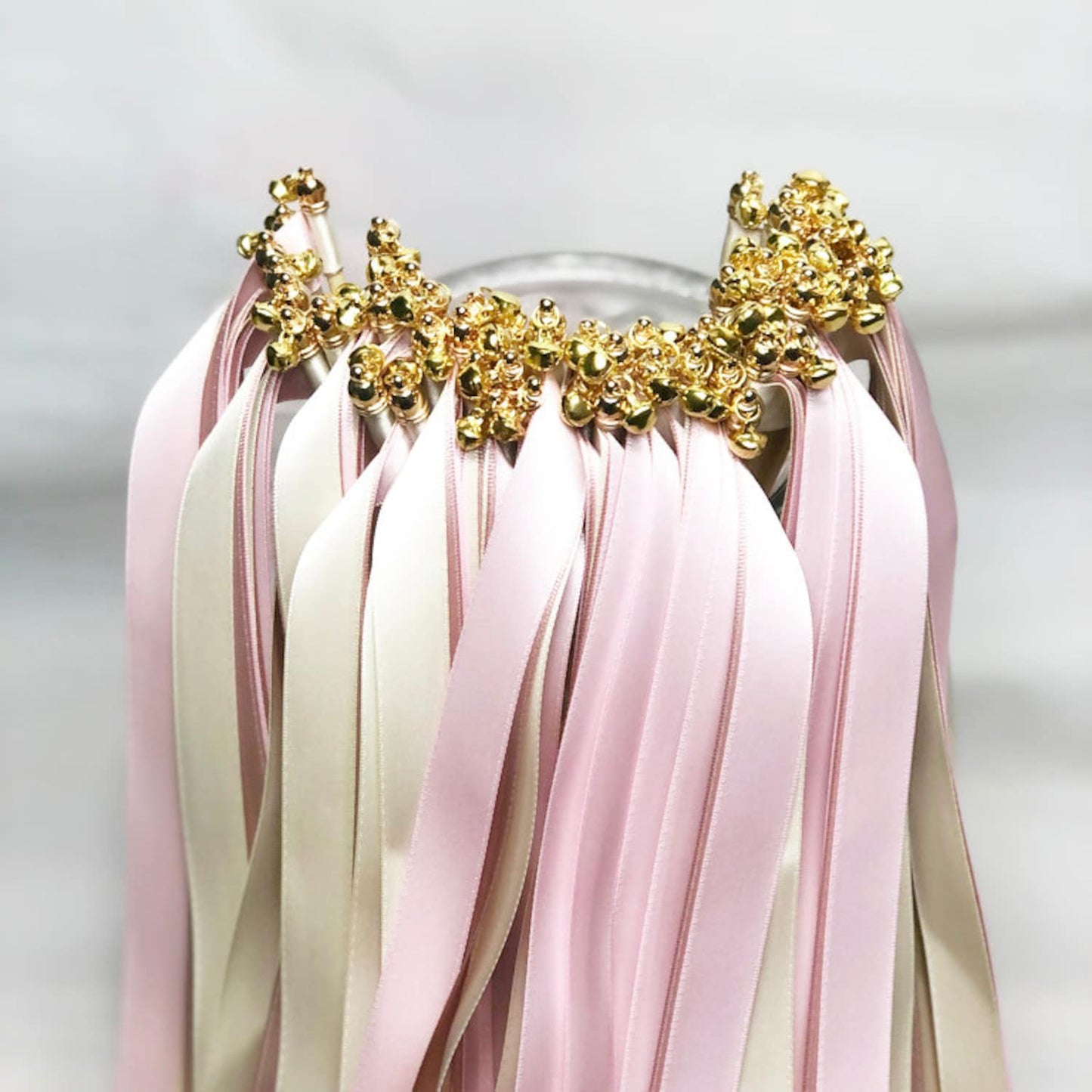 Handmade Blush Pink and Ivory Wedding Ribbon Wands with Gold Bells