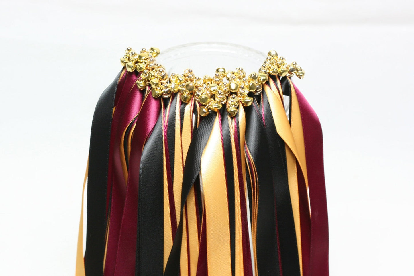 Handmade Burgundy Black and Gold Wedding Ribbon Wands with Gold Bells