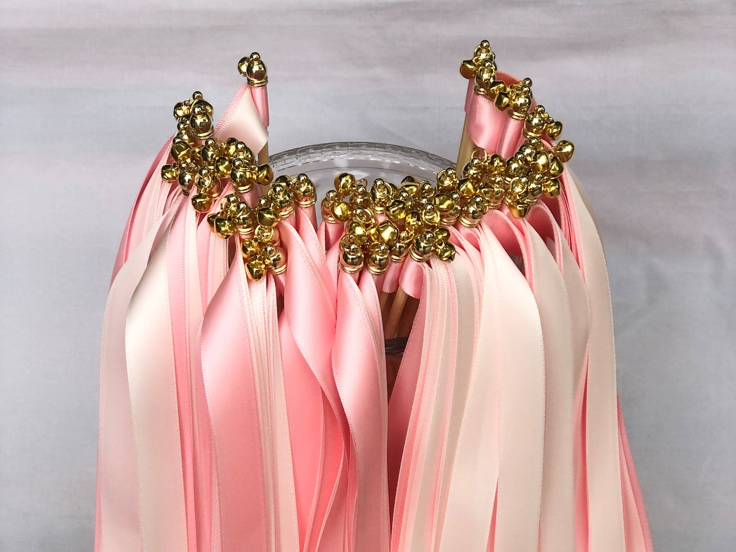 Handmade Pink and Ivory Wedding Ribbon Wands with Gold Bells
