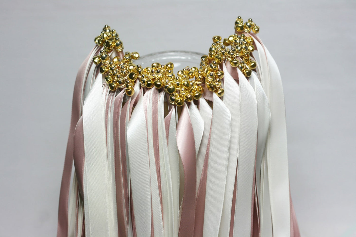 Handmade Luxury Blush Ivory Ribbon Wands with Gold Bells for Wedding