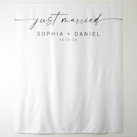 Minimal Just Married Script Wedding Decor Backdrop, Modern Minimalist Backdrop Tapestry Outdoor Wedding