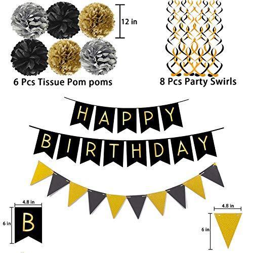 Black Happy Birthday Banner with Black Gold Paper Flag Bunting for Birthday Party Decorations - Hibrides
