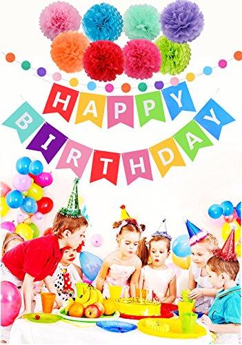 Birthday Decorations Banner with Tissue Pom Poms for Rainbow Birthday Party - Hibrides