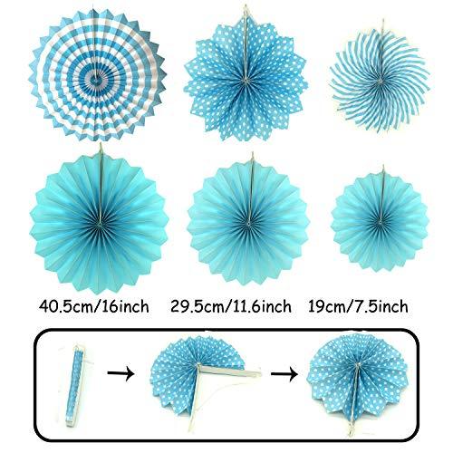 21Pcs Blue Hanging Paper Fans Pom Poms Flowers for Birthday Parties - Hibrides