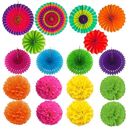 21Pcs Multi-color Hanging Paper Fans, Pom Poms Flowers for Wedding Décor, Fiesta or Mexican Party - Hibrides
