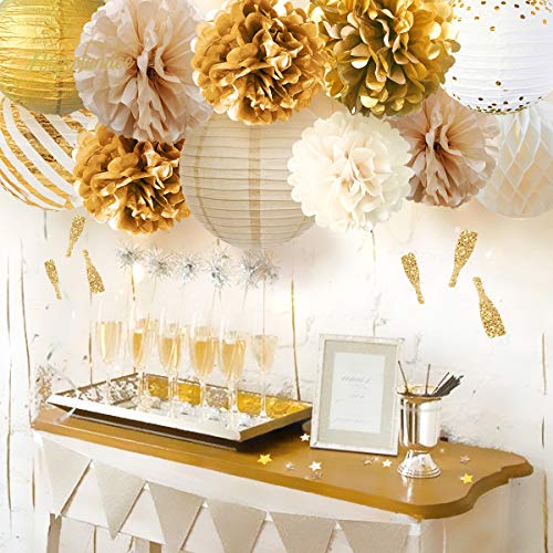 12PCS Gold White Tissue Pom Poms for Vintage Wedding Bridal Shower Baby Shower Backdrop - Hibrides
