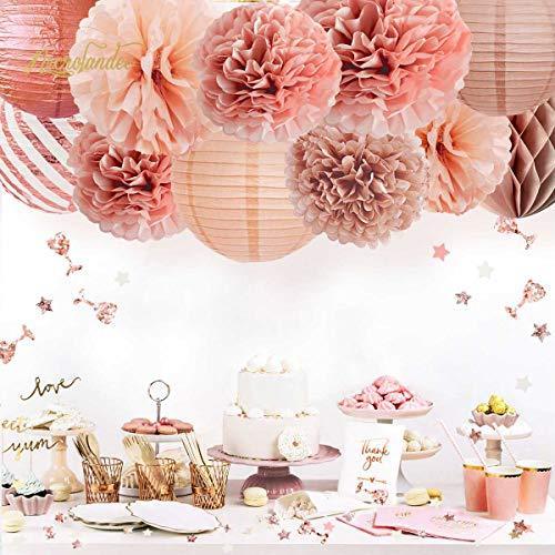 12PCS Rose Gold Tissue Pom Poms Paper Lantern for Wedding Bridal Shower Baby Shower Birthday Party Decorations - Hibrides
