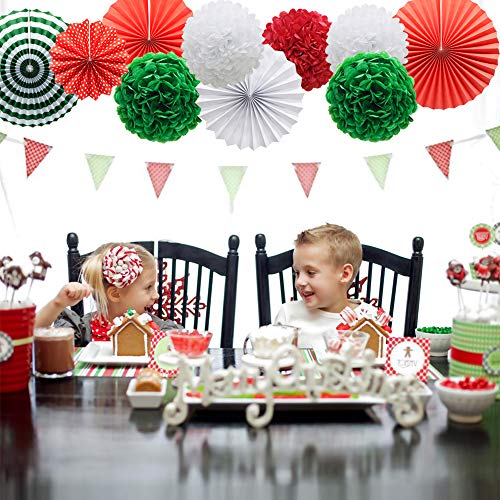 14pcs Red White Green Hanging Paper Pom Poms and Fans Set for Christmas Birthday Wedding - Hibrides