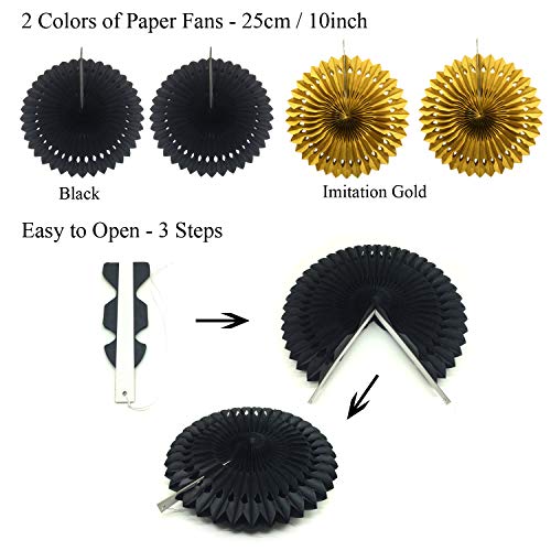 21Pcs Black and Gold Hanging Paper Pom Poms Flowers for Birthday Parties Wedding Décor - Hibrides