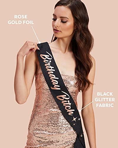 xo, Fetti Birthday Sash for Women - Black Glitter + Rose Gold Foil | Birthday Decorations - 21st, 30th, Birthday Girl - Hibrides