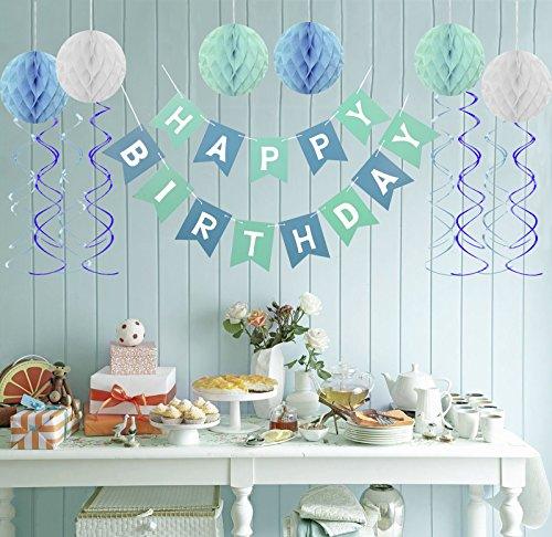 Blue Happy Birthday Banner Honeycomb balls Swirls Streamers for Birthday Decorations - Hibrides