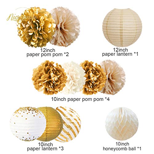 12PCS Gold White Tissue Pom Poms for Vintage Wedding Bridal Shower Baby Shower Backdrop - Hibrides
