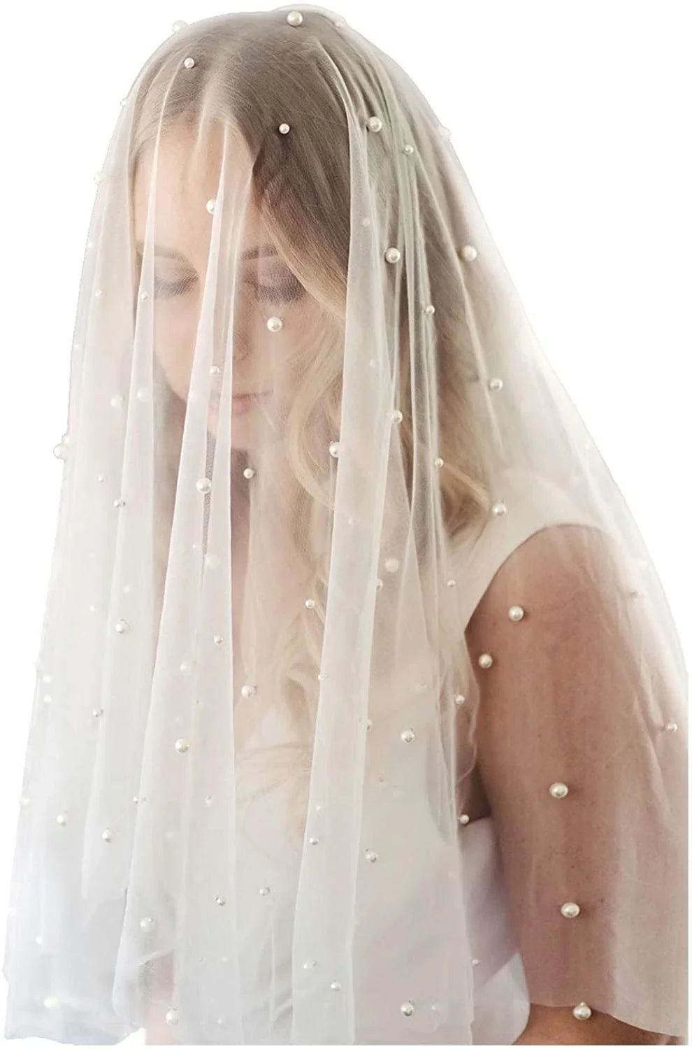 1 Tier Pearl Wedding Bridal Veil with Comb – Hibrides display picture 3