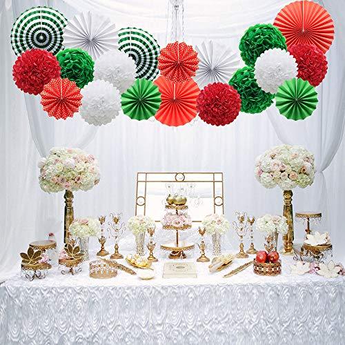 14pcs Red White Green Hanging Paper Pom Poms and Fans Set for Christmas Birthday Wedding - Hibrides
